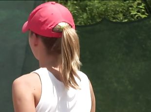 Sporty cutie Helga blows and gets fucked on a tennis court
