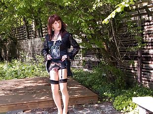 Smoking & Wanking - outdoor cumshot in a short satin gown and n...