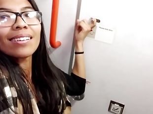 Asian pussy gets wet on airplane toilet