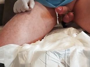 Prostate massage after urinary catheterization, cum on diaper, doub...