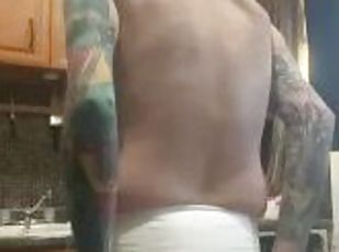 Diaper slave boy doing dishes for master with butt plug in