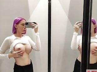 Try on haul transparent clothes in the fitting room. Busty blonde t...