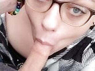 Cute bbw in glasses deepthroat blowjob then fucked doggy outside in...