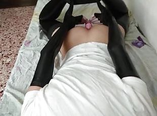 Femboy in latex gloves and stockings humps bed in Frogtie self-bondage