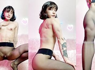 Petite Asian muscle girl shows off her body in sheer pantyhose with...