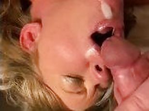 Cougar sucks big white cock and gets facial