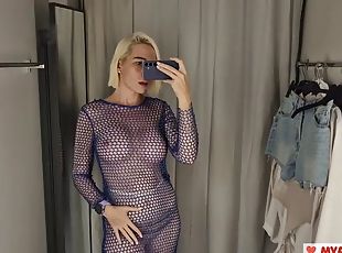 Try on transparent clothes with huge tits in the dressing room. Loo...