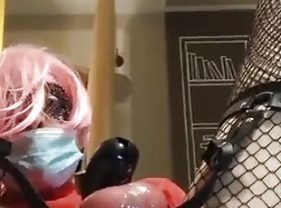 Caged sissy slut rides sex toy BBC dildo