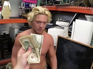 Blonde from pawn shop fucked in threesome in warehouse by owners