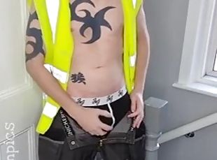 Masturbating and cumming in work clothes and high visibility