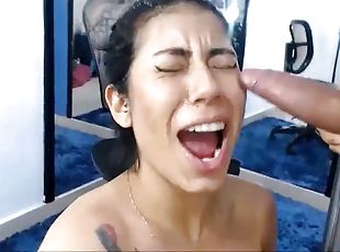 Cutie getting jizzed on face by a shemale