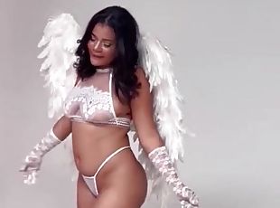 Gorgeous ebony chick wearing white lingerie having fun - HD