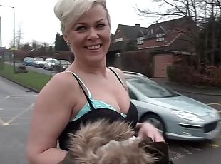 British milf with short hair flashes and pisses all over town for B...