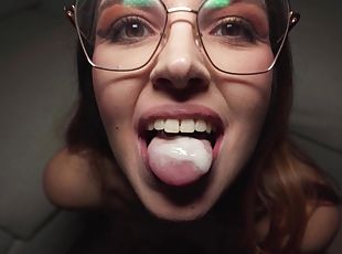 HD POV video of brunette Miriam More getting cum in mouth