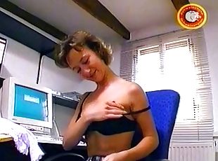 Sexy German secretary sucks and jerks off a dick in the office