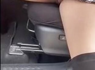 Naughty girl in car takes off stockings and thong to walk in public...