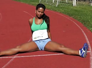 Brazilian runner finishes her stretches and masturbates to orgasm