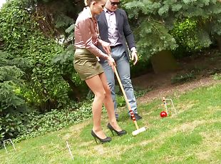 Classy woman could not give a proper golf swing but perfectly assum...