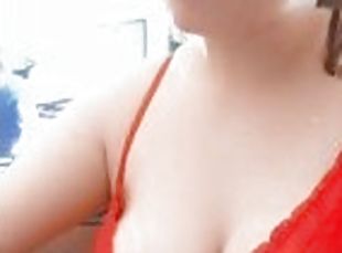 Pov of milf eating wings with tits out