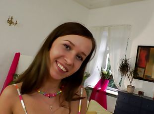 Frisky colorful teen babe gets ass fucked roughly by a big dick man