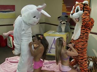 Rabbit and tiger are fucking two sexy babes at a time