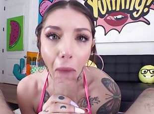 Tattooed Hottie Sucks And Gags On His Cock Until He Fills Up Her Mo...