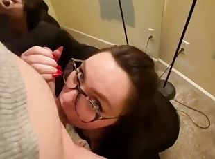 Green eyed chick with glasses sucks dick, gets throat fucked. Swall...