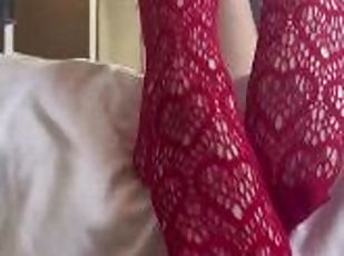 Sexy petite blonde teen teases in red lingerie and shows feet in st...