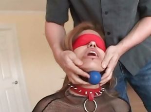 Blindfolded and gagged slut is his submissive