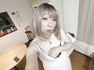 Japanese crossdresser cums while working with his hands in a summer...