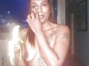 Topless desi squeezes her boobs as she sucks and deepthroats on a b...