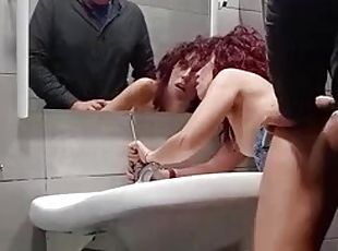 MILF gets facial after hard anal fuck in public bathroom live on se...