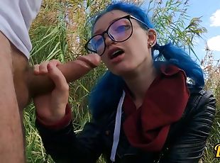Cutie With Butt Plug And Jacket Glasses With Blue Hair Loves To Hav...