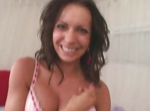 Mom with fake tits smiles and sucks cock