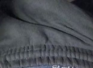 Stroking bulge sweat pants, showing pre cum and getting finished by...