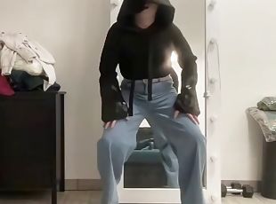 Wide leg flared palazzo jeans sissy in black jacket masturbating an...