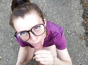 cute girl in glasses gives a good blowjob and loves anal sex on a motorcycle