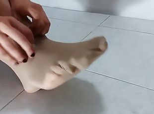 pieds, bas, fétiche, solo, en-nylon, orteils