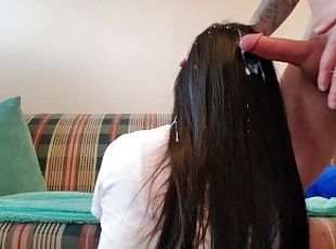 Horny Hot Latina sucks my dick, gets a massive load shot on the bac...