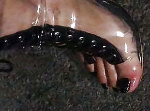 Outdoor in clear Heels Latex Cock Pump & Big Nipple Suckers