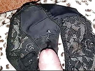 My mommy's black lace thongs covered by son's sper