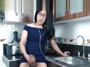 masturbação, transsexual, pénis-grande, travesti, gozando, cozinha