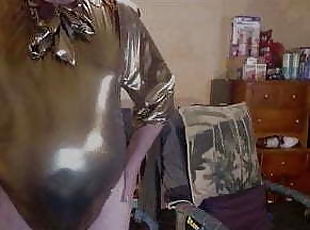 Tranny model in vintage gold lame' bodysuit.