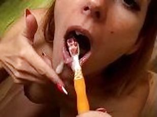 Sexy redhead brushes her teeth with cum, foams in her mouth - hot c...