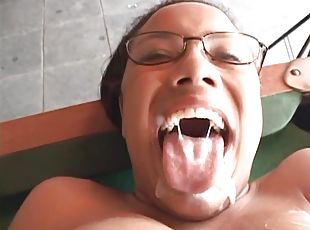 Stunning babes in glasses riding huge cock hardcore before swallowi...