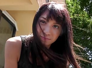 Seductive cowgirl with a shaved pussy gives a blowjob in  an outdoors pov clip