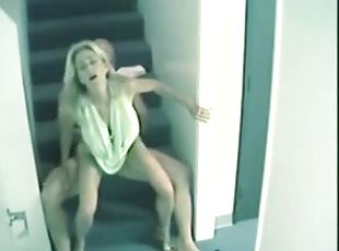 Amateur blonde blows and gets fucked doggystyle on the stairs