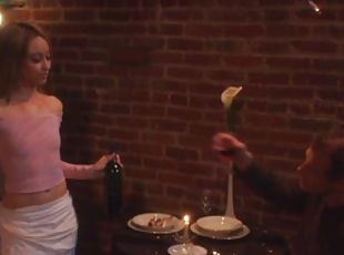 Pretty waiter Corina Taylor gets her pussy and mouth fucked deep