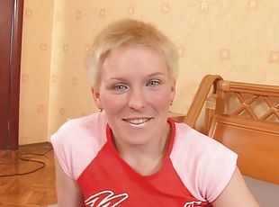 Short haired Russian rides after a deep blowjob