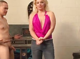 Big tittied Heidi Mayne bites a dick and sucks it